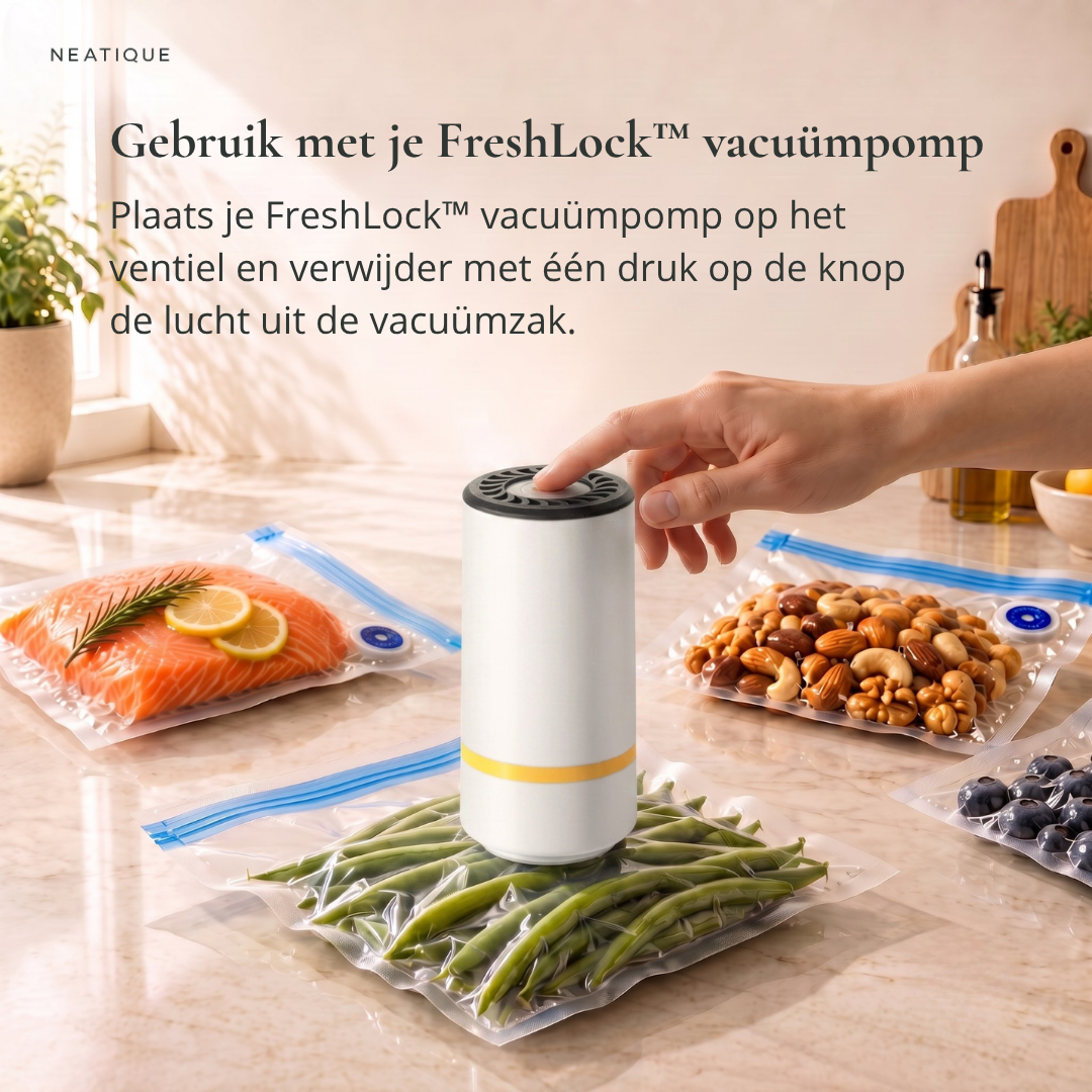 FreshLock™ vacuümpomp verwijdert lucht uit een herbruikbare vacuümzak