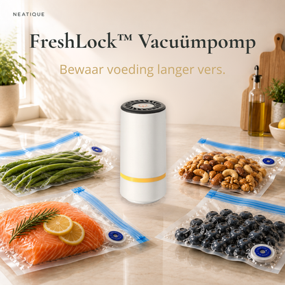 Neatique FreshLock™ vacuümpomp met herbruikbare vacuümzakken op een marmeren keukenblad