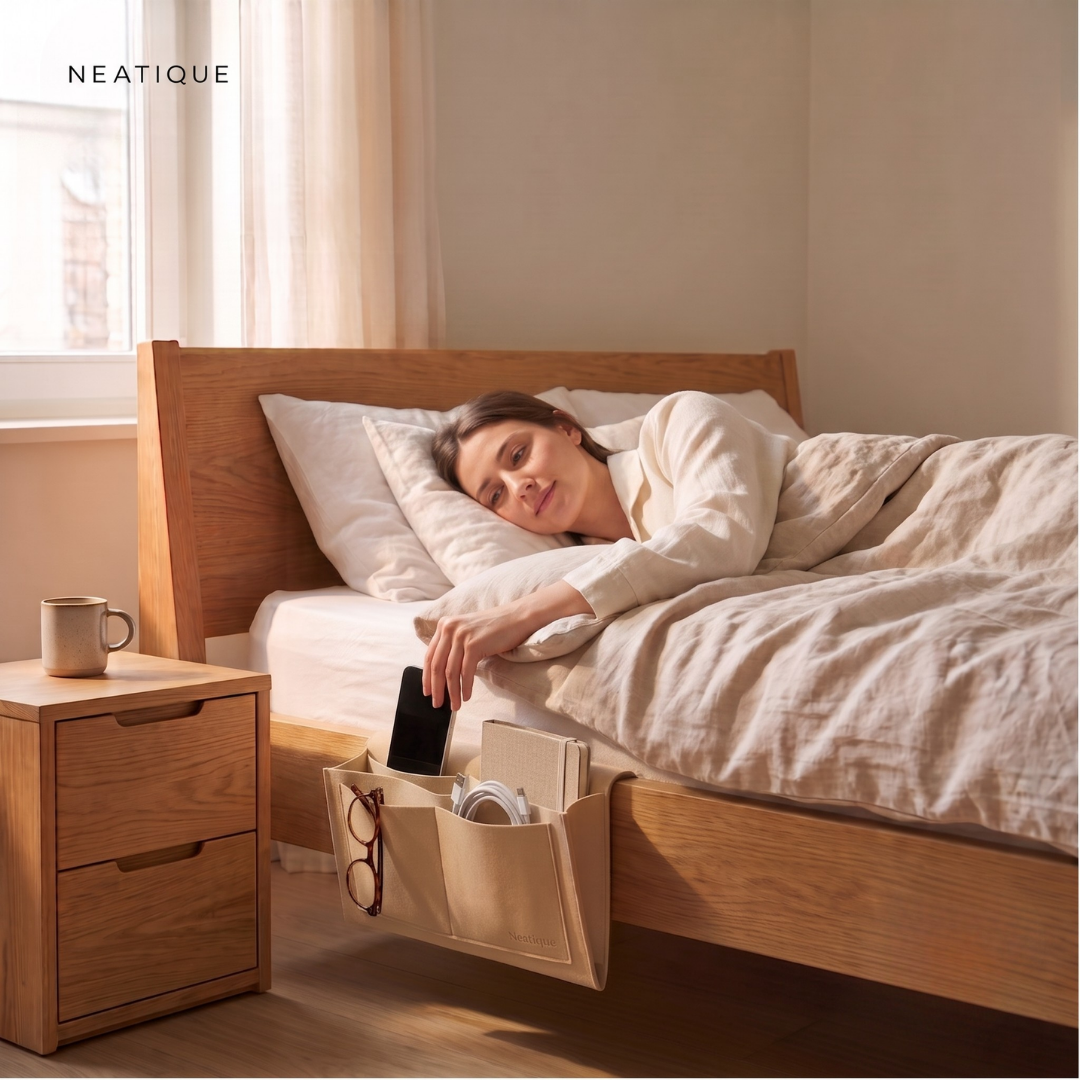 Persoon pakt een telefoon uit de Neatique BedEase bed organizer
