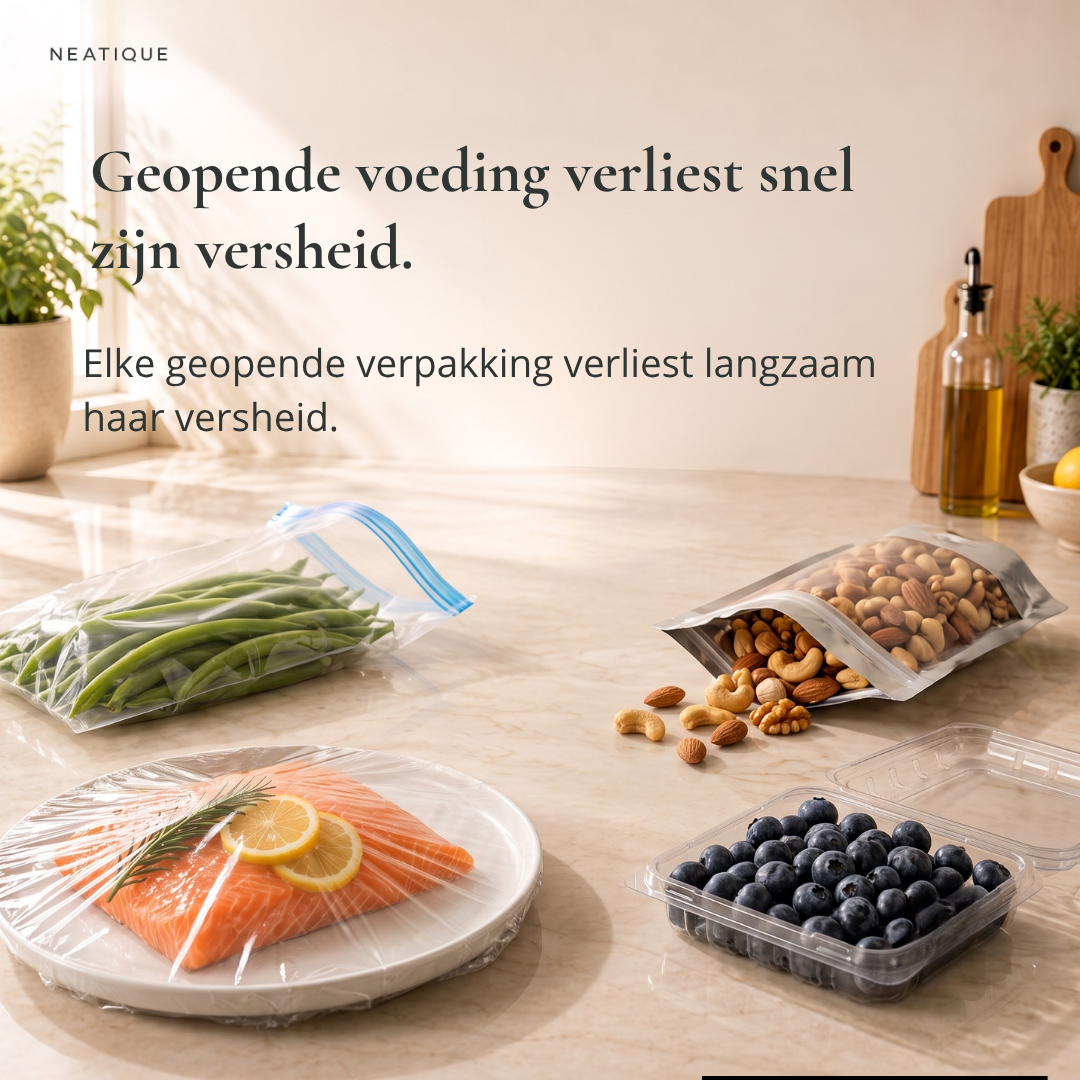 Geopende voedingsmiddelen naast Neatique FreshLock™ vacuümzakken voor georganiseerd bewaren