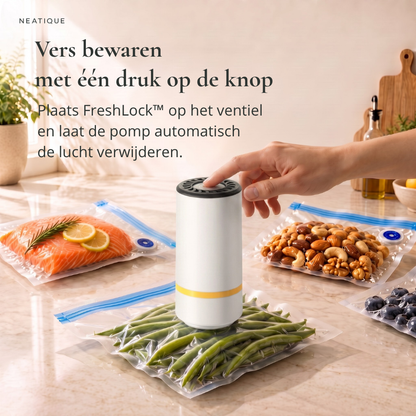 Hand bedient de Neatique FreshLock™ vacuümpomp om lucht uit een herbruikbare vacuümzak met sperziebonen te verwijderen.