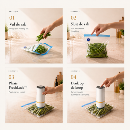 Neatique FreshLock™ vacuümpomp toont hoe voedsel vacuüm wordt verpakt in vier eenvoudige stappen