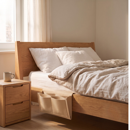 Neatique BedEase organizer naast het bed voor telefoon, bril en oplader