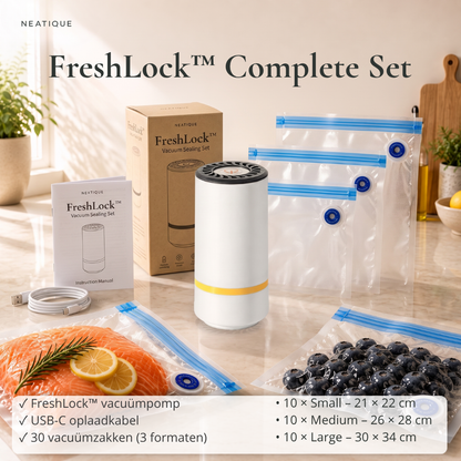 Neatique FreshLock™ complete set met vacuümpomp, USB-C kabel en 30 herbruikbare vacuümzakken