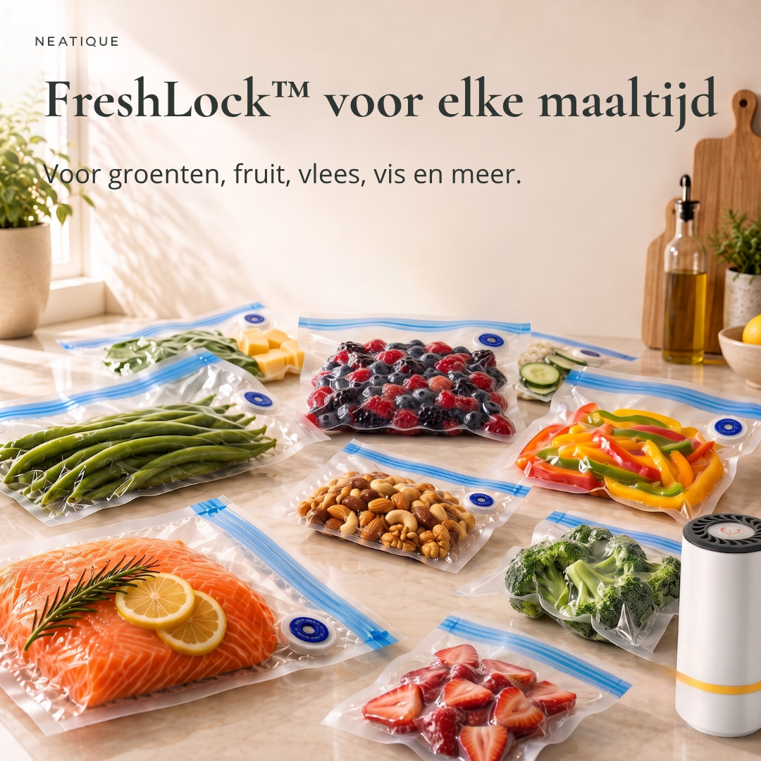 Neatique FreshLock™ vacuümzakken gevuld met groenten, fruit, vlees en vis