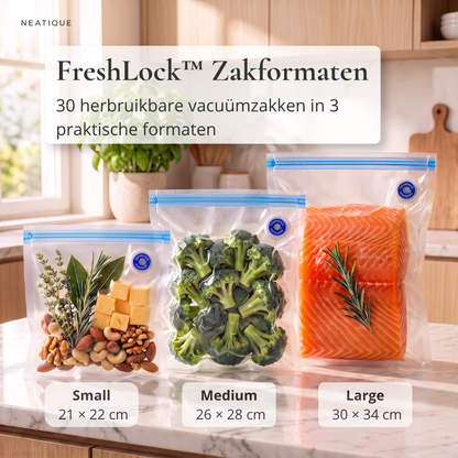 Neatique FreshLock™ herbruikbare vacuümzakken in small, medium en large formaat